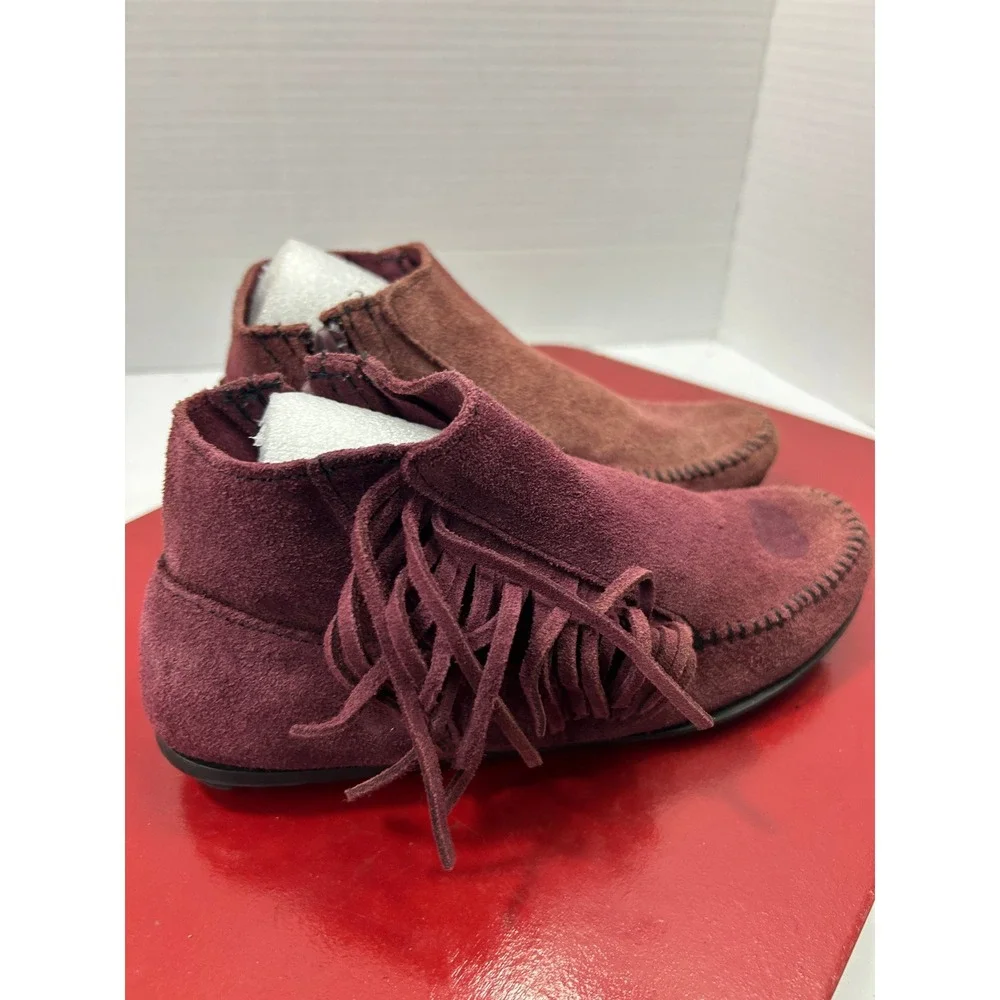 Minnetonka Fringe Suede Ankle Boots 5 Burgundy Moccasin Zip Boho Western Indie